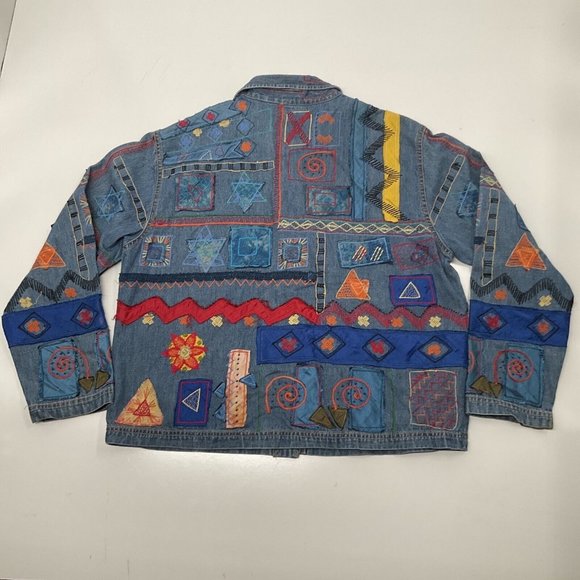 Vintage Chico's Denim Jacket Womens 2 Silk Patxhwork Designs Womens L/12 - Picture 7 of 14